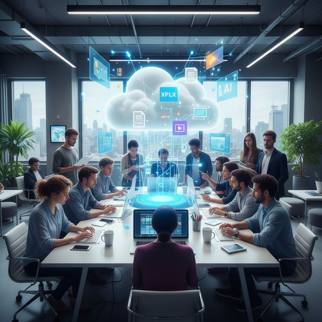 Modern photo of a diverse team collaborating on laptops with multiple file formats visible on screens