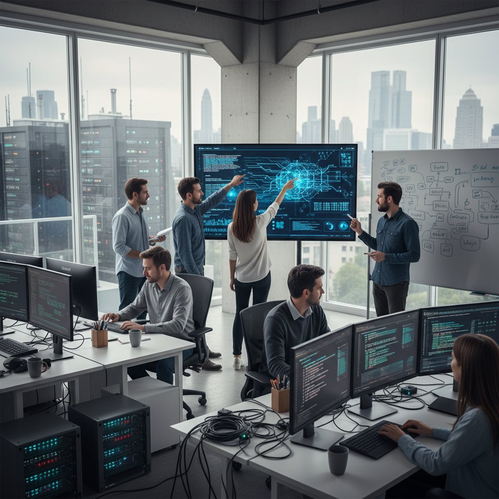 Photo of a diverse team collaborating at computers, visualizing data flow and processing online