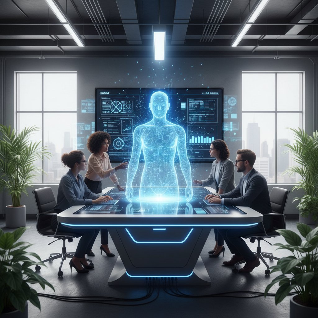 Zespół ludzi współpracujących z cyfrowym asystentem AI przy dużym stole w biurze