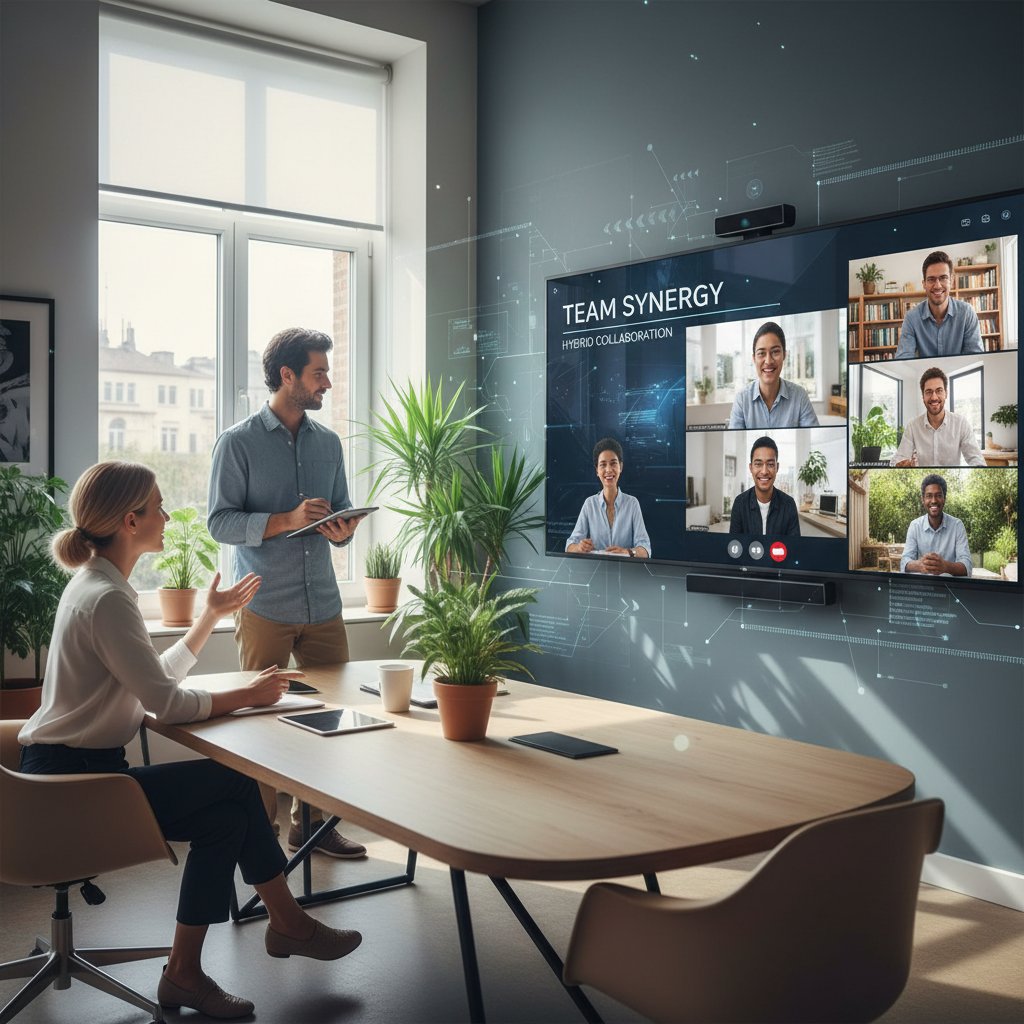 Zespół hybrydowy podczas pracy nad projektem – połączenie sali konferencyjnej i wideokonferencji