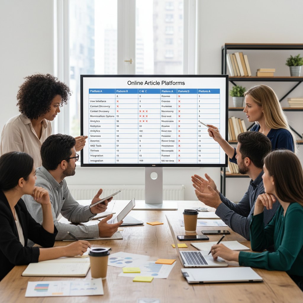 Zespół porównujący platformy do artykułów online, ekran, analiza funkcji, intensywna dyskusja