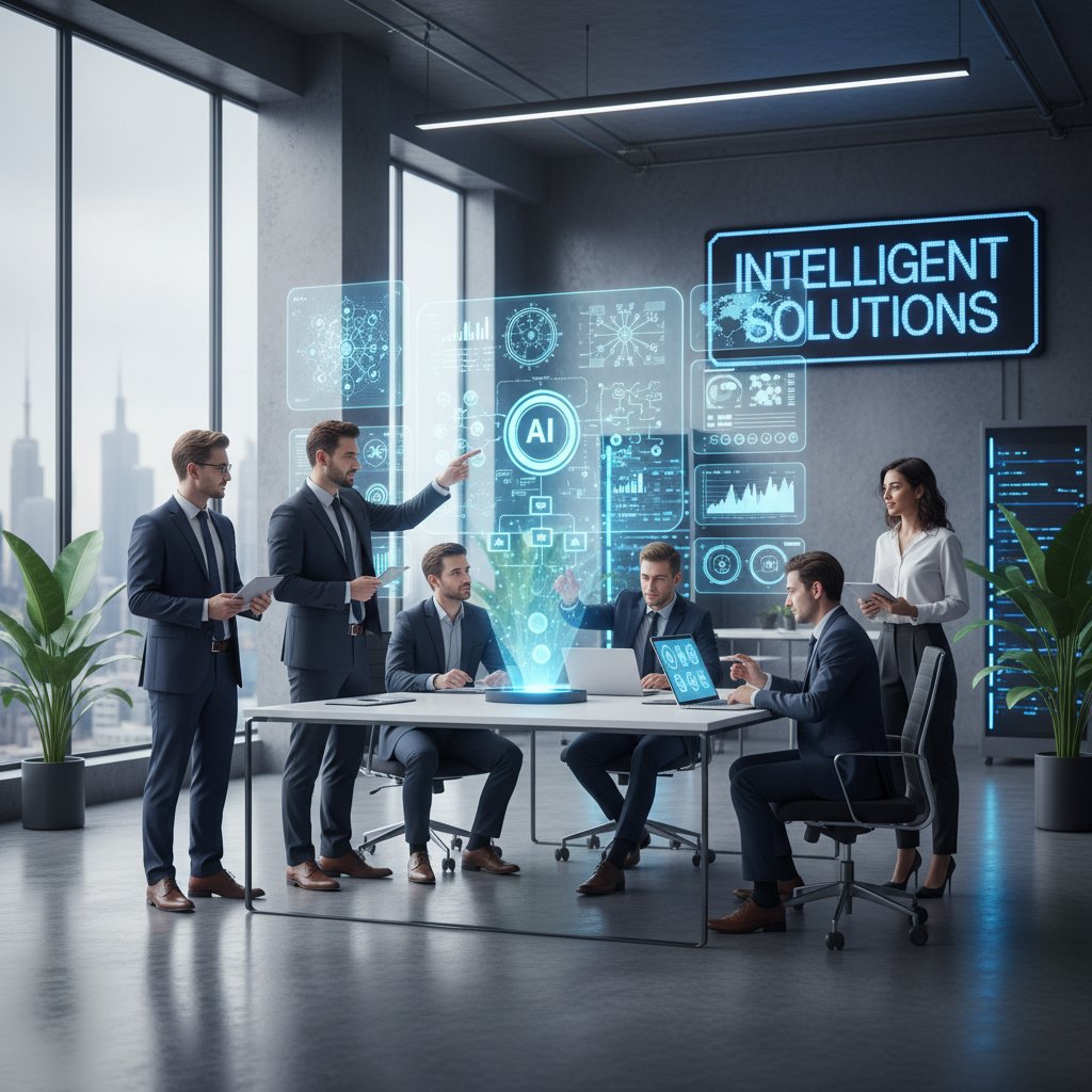 Nowoczesne biuro, zespół doradców korzysta z zaawansowanych narzędzi AI do zarządzania zmianą