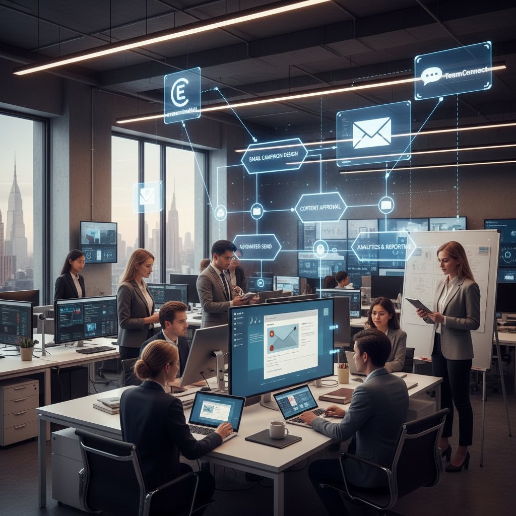 Diverse team discussing and mapping out custom email workflows on digital whiteboards