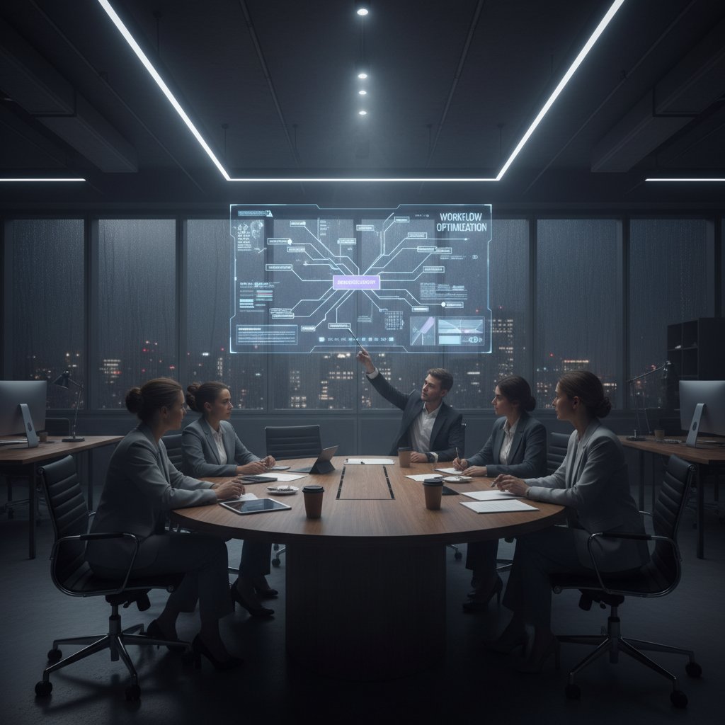 Team debate over adopting new workflow support system, showing tense discussion and moody lighting in workplace