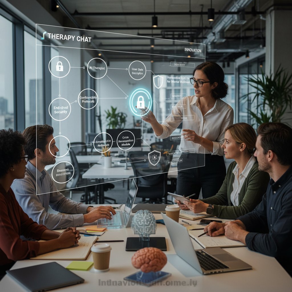 Zespół przy komputerach projektujący nowoczesny czat terapeutyczny, wyraźny nacisk na bezpieczeństwo i innowacje