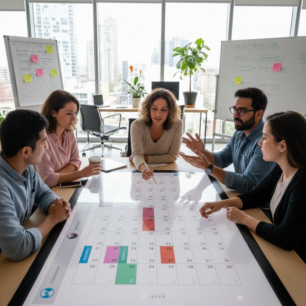 Zespół omawiający otwarty na ekranie wspólny kalendarz, atmosfera współpracy