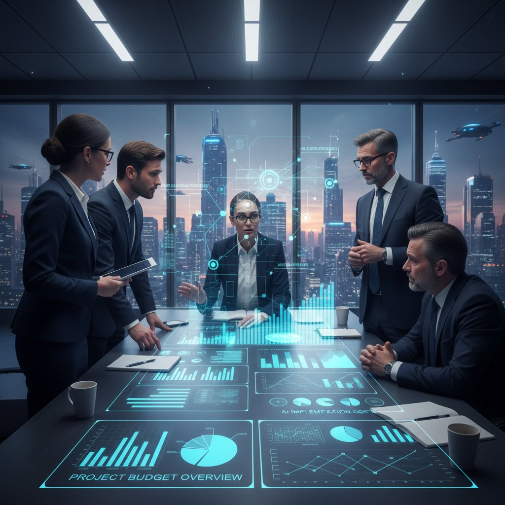 Zespół analizujący budżet wdrożenia AI na tle cyfrowych wykresów