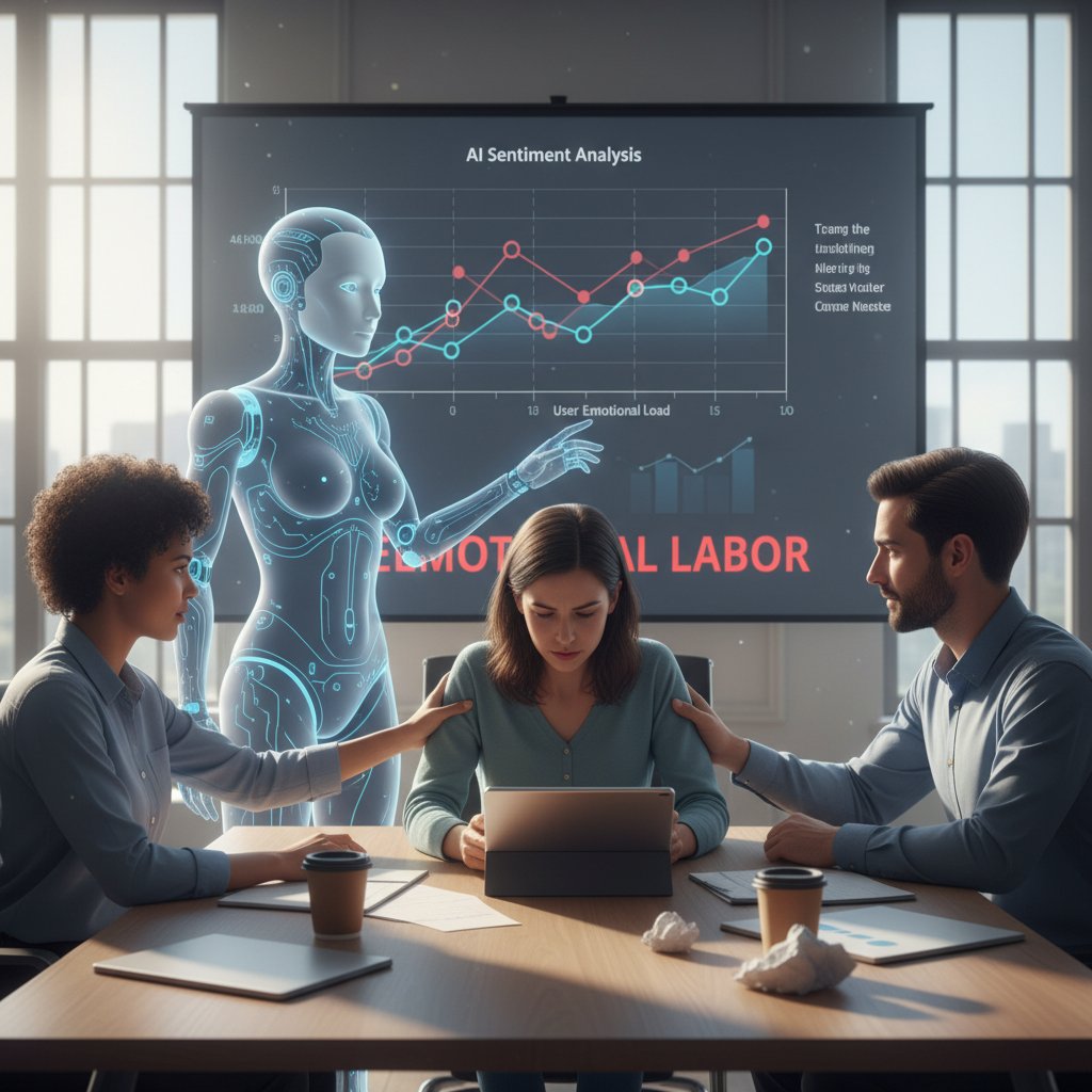 Candid photo of team discussing feedback and challenges in a conference room with an AI assistant