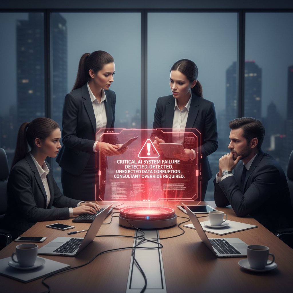 Zespół rozmawia o błędzie AI, stres, konsultacja z informatykiem, ekran z ostrzeżeniem