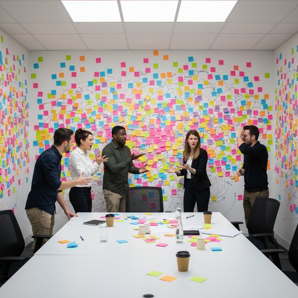 Zespół w burzliwej dyskusji podczas oceny rozwoju