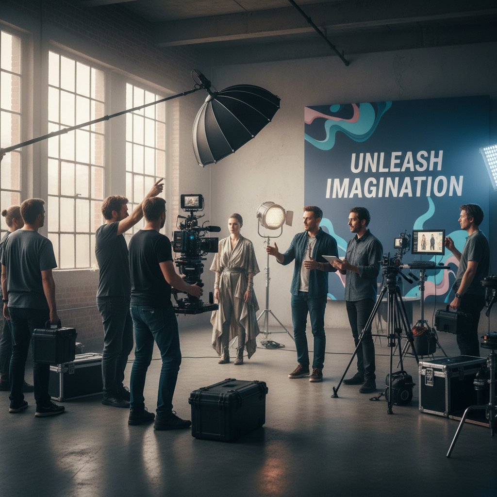 Zespół nagrywający video z użyciem profesjonalnego sprzętu, storytelling, kreatywna kampania