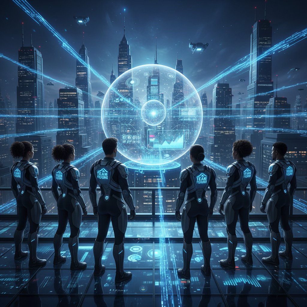 Photo of a team looking at a glowing city skyline at night, symbolizing the future shaped by online data processing