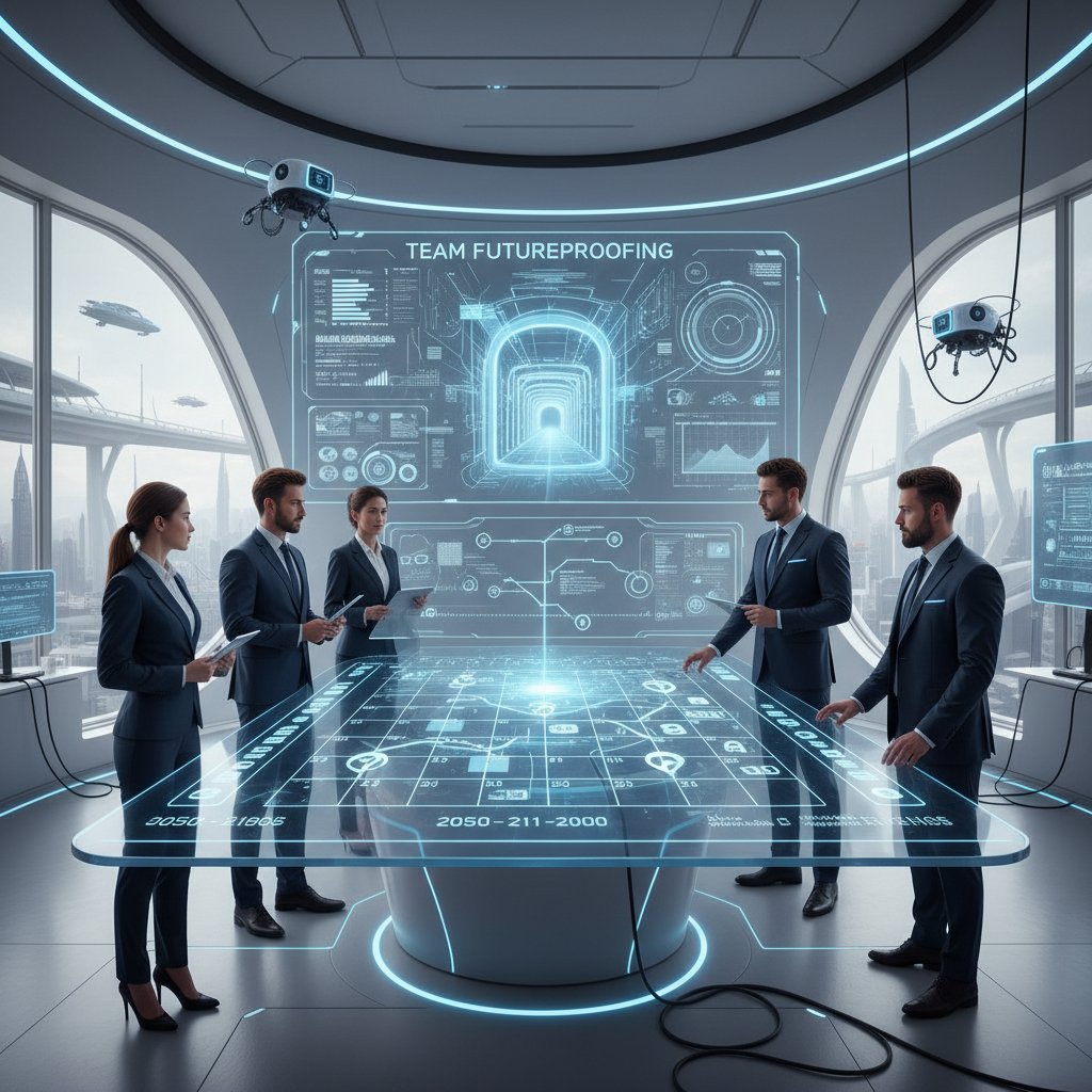 Team future-proofing their support workflow, screens showing futuristic calendar predictions