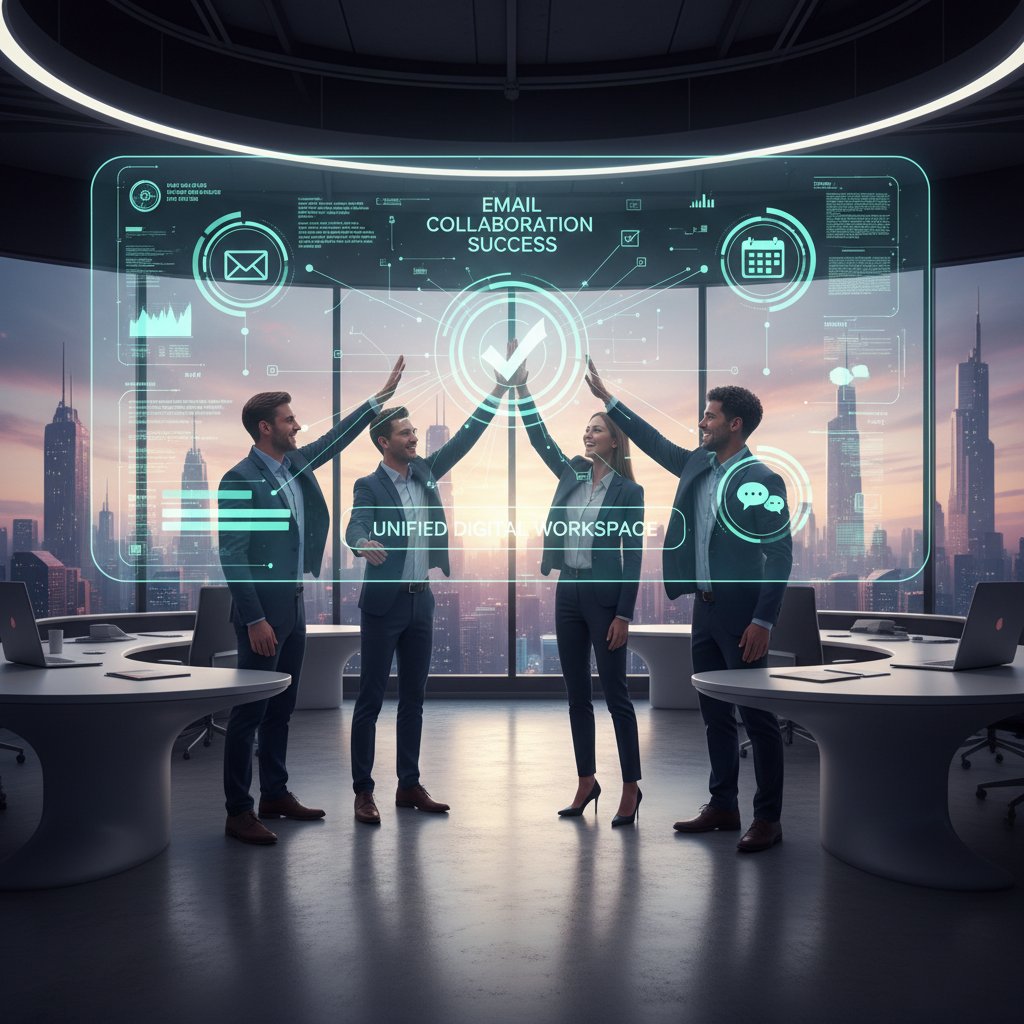 Hopeful team high-fiving over a clean, unified digital workspace, symbolizing the success of adopting email collaboration best apps