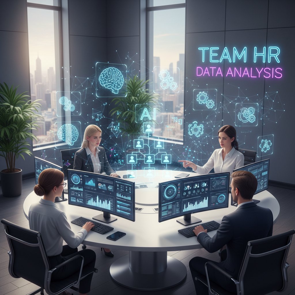 Nowoczesny zespół HR przy komputerach analizuje dane na ekranach, obecność symboli AI