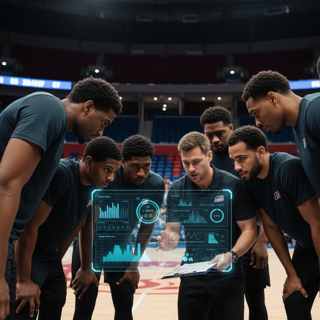 Photo of a performance coordinator leading a team huddle with visible dashboards and post-it notes