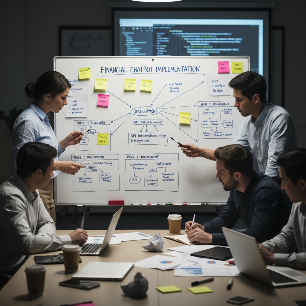 Zespół wdrażający chatbota finansowego, tablica z planem działań, intensywna narada