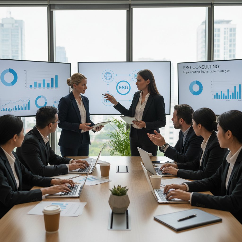 Zespół wdrażający strategię ESG krok po kroku w sali konferencyjnej