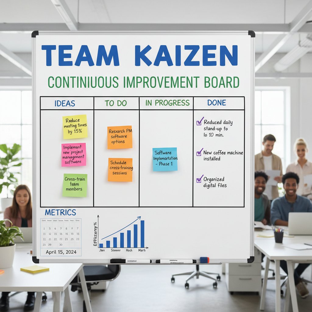 Zespół pracowników omawiający tablicę z karteczkami, symbolizujący wdrażanie Kaizen