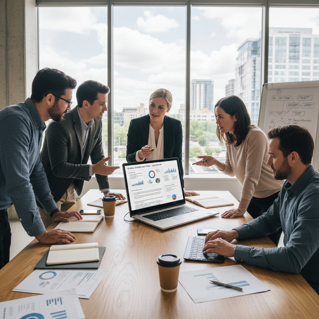 Zespół analizujący błędy wdrożenia strategii online na ekranie laptopa.