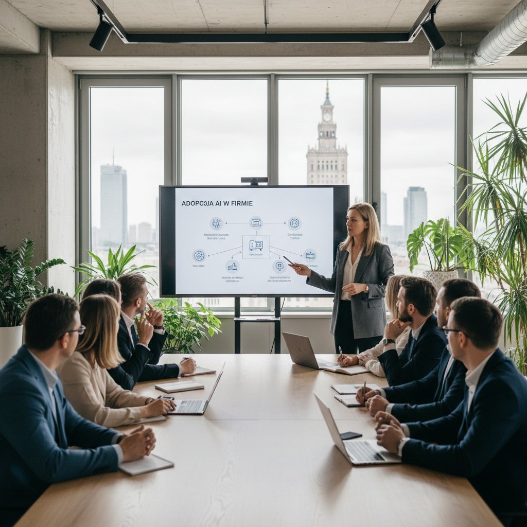 Szkolenie zespołu z obsługi asystenta AI w polskiej firmie, nowoczesne biuro, team leader prowadzi warsztat