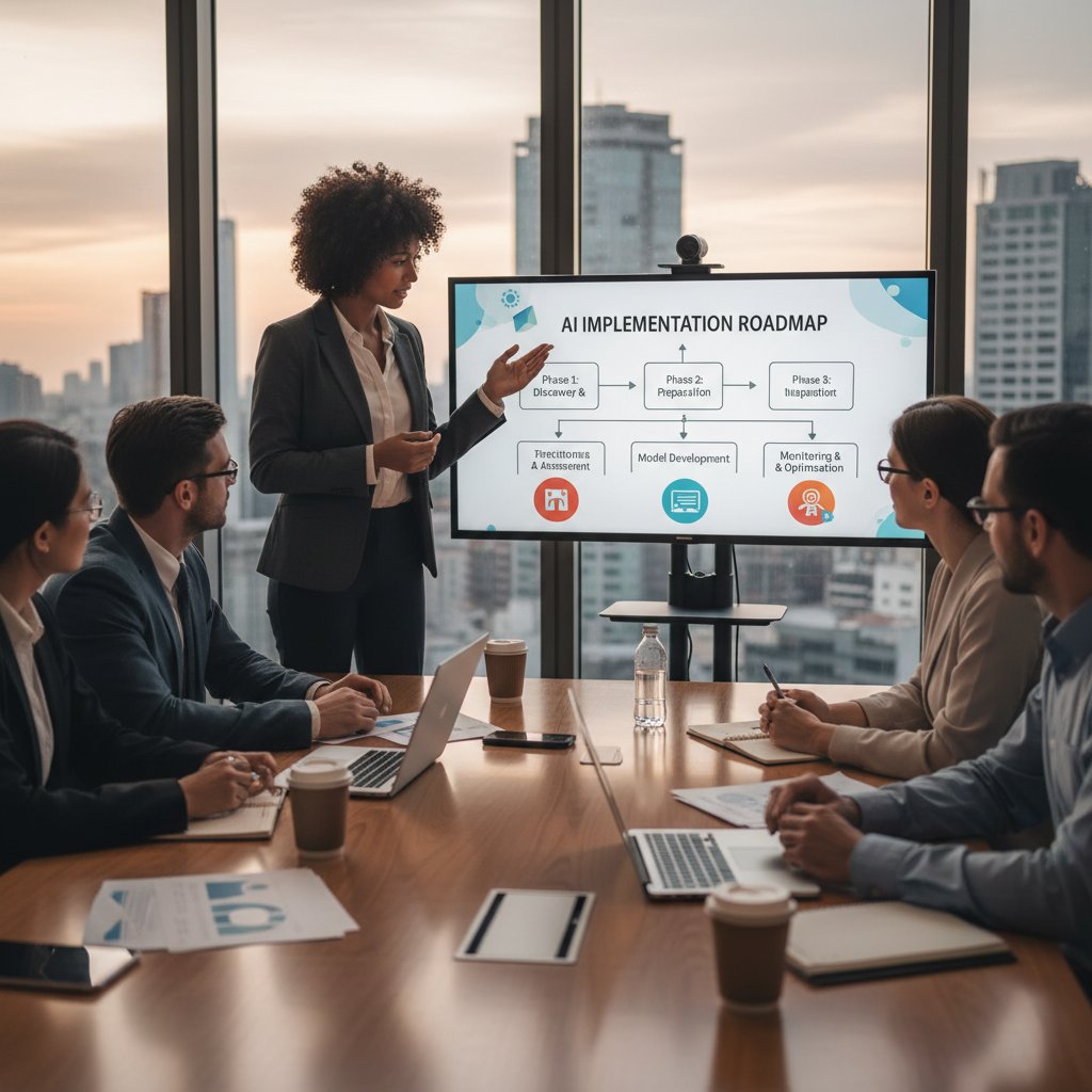 Szef zespołu omawiający plan wdrożenia AI z zespołem