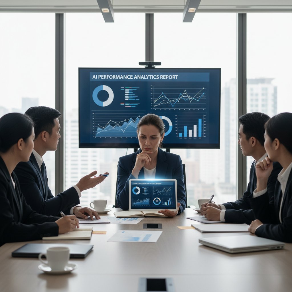 Przełożony sprawdzający raport bota diagnostycznego podczas spotkania zespołu