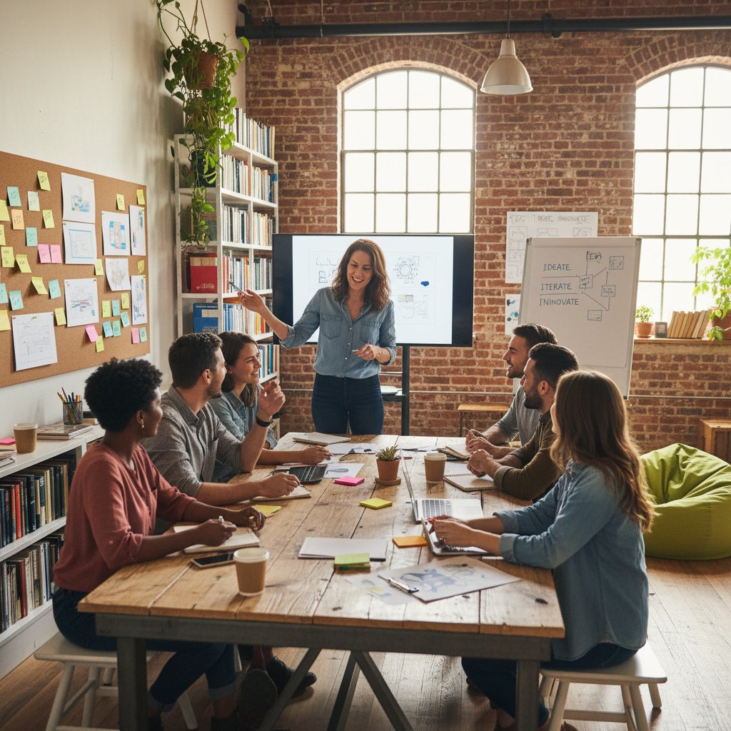 Lider zespołu wspierający kreatywność podczas warsztatu z feedbackiem w inspirującym otoczeniu