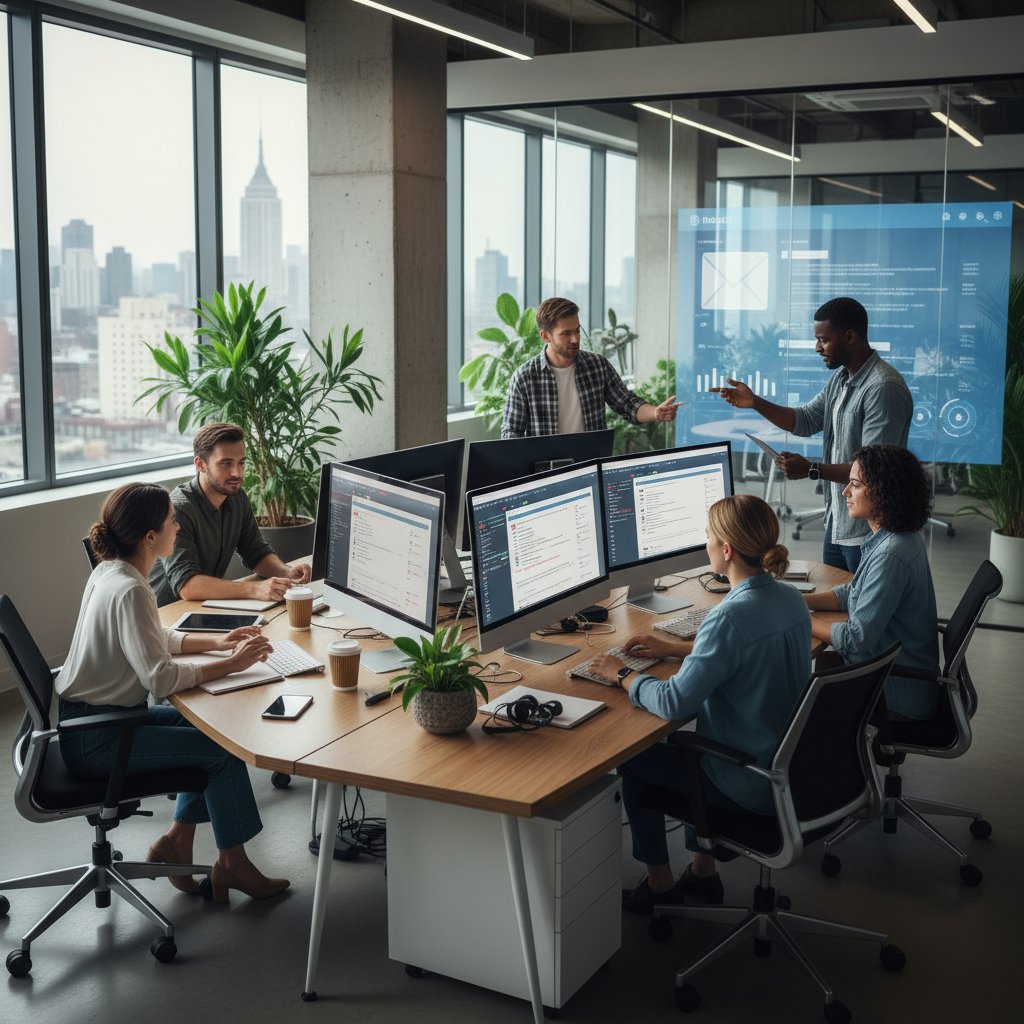 Zespół w nowoczesnym biurze wspólnie zarządzający pocztą na dużym ekranie