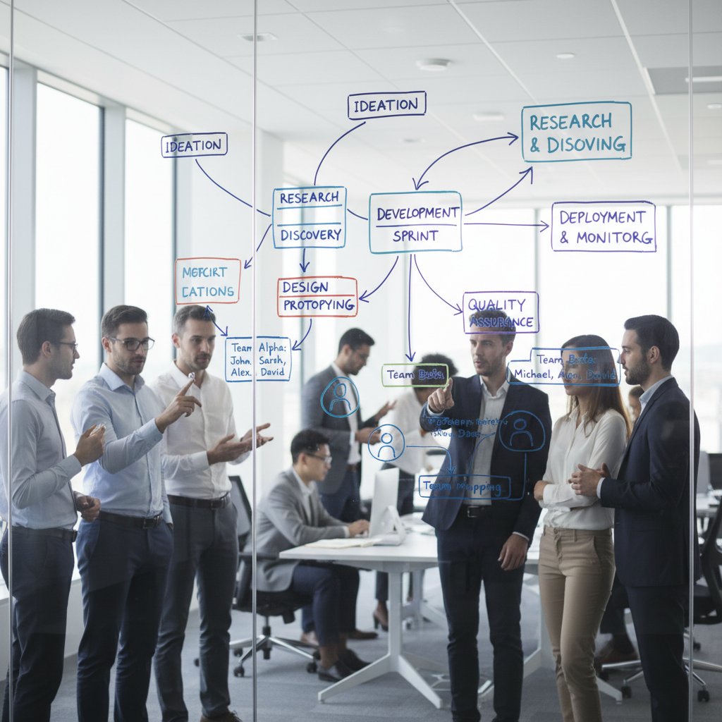 Team mapping complex workflow on glass wall