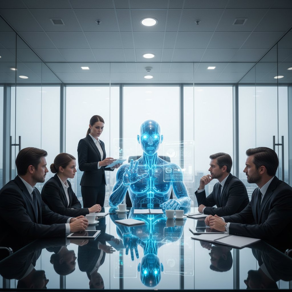 Narrative photo of team meeting with AI at the head of the table, office aide changing hierarchies, tense glass boardroom
