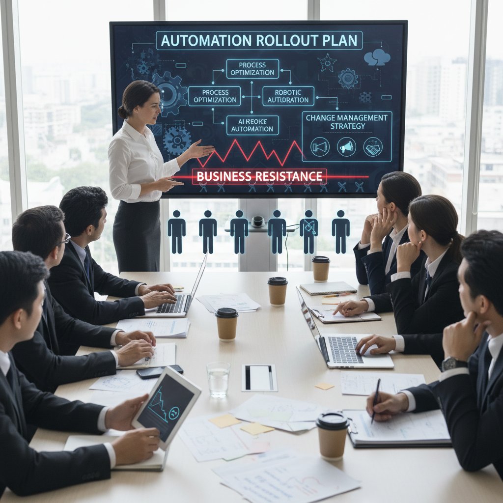 Team in a tense meeting discussing automation rollout, body language hinting at resistance