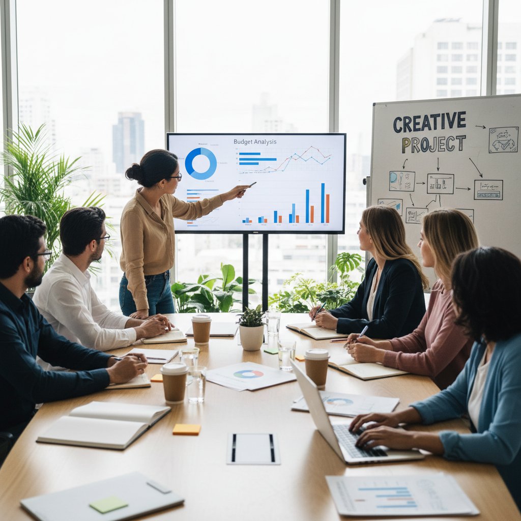 Zespół analizujący wydatki projektowe podczas spotkania w biurze