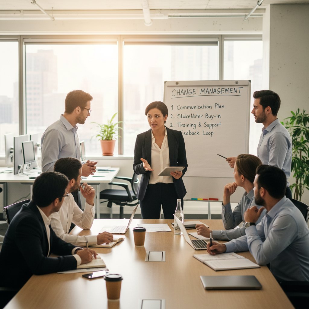 Zespół podczas spotkania z liderem, omawiający zmiany w firmie po redukcji kosztów