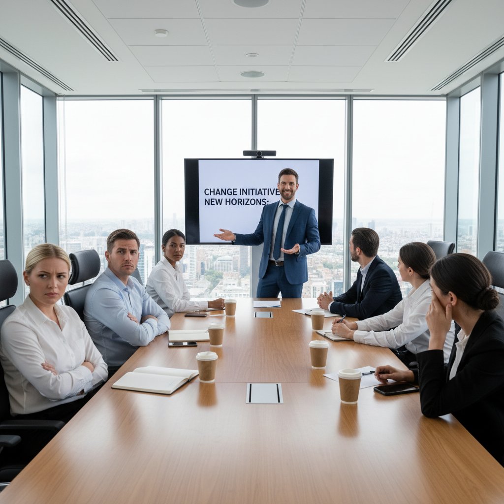 Spotkanie firmowe, menedżer tłumaczy zalety wdrożenia symulatora, część zespołu sceptyczna
