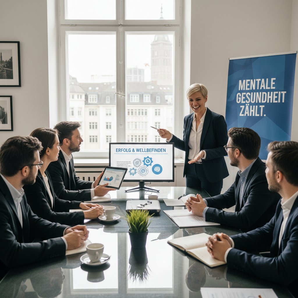 Teammeeting in deutscher Firma, Mitarbeitende diskutieren Erfolg psychoedukativer Maßnahmen