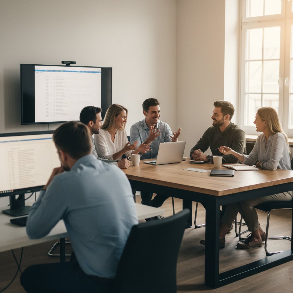 Zespół w sali konferencyjnej, jedna osoba wyraźnie ignorowana przez resztę