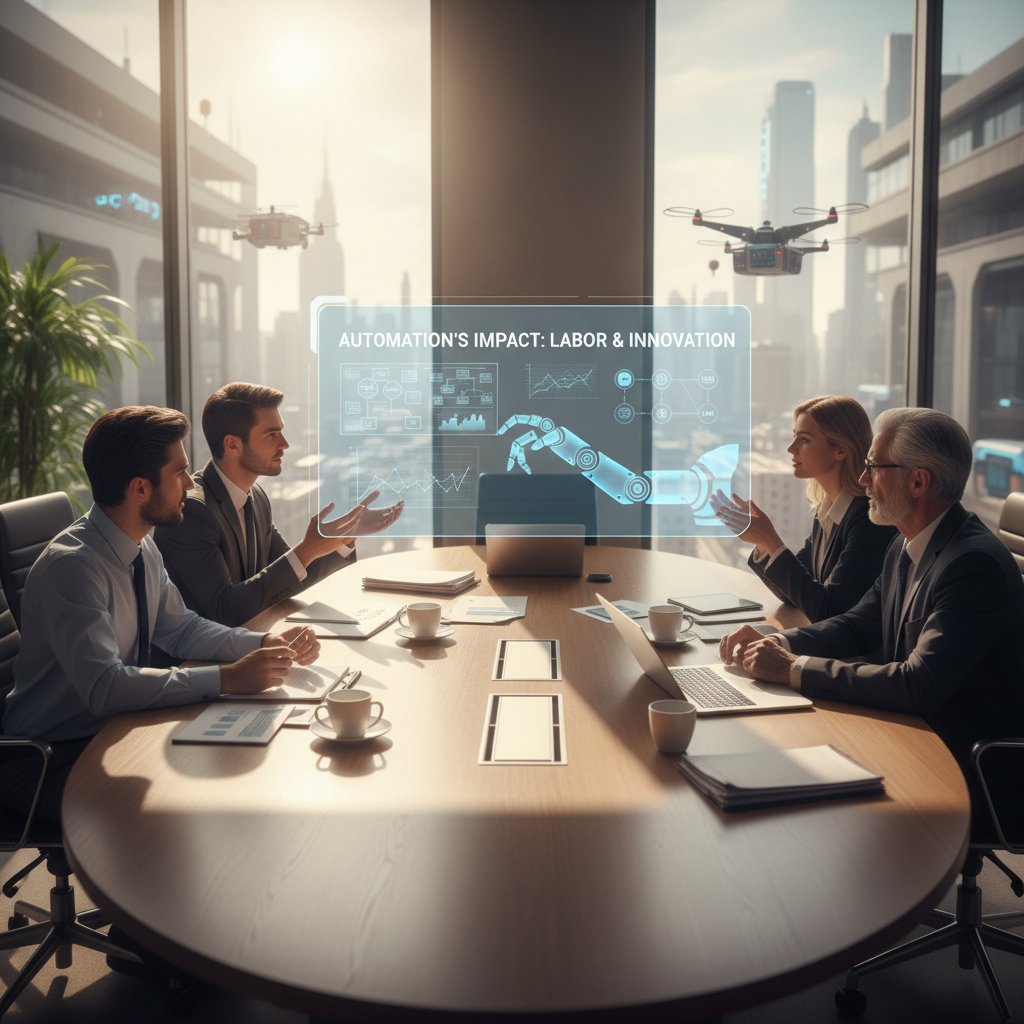 Spotkanie zespołu kreatywnego różnych pokoleń, dyskutujących wpływ automatyzacji na pracę