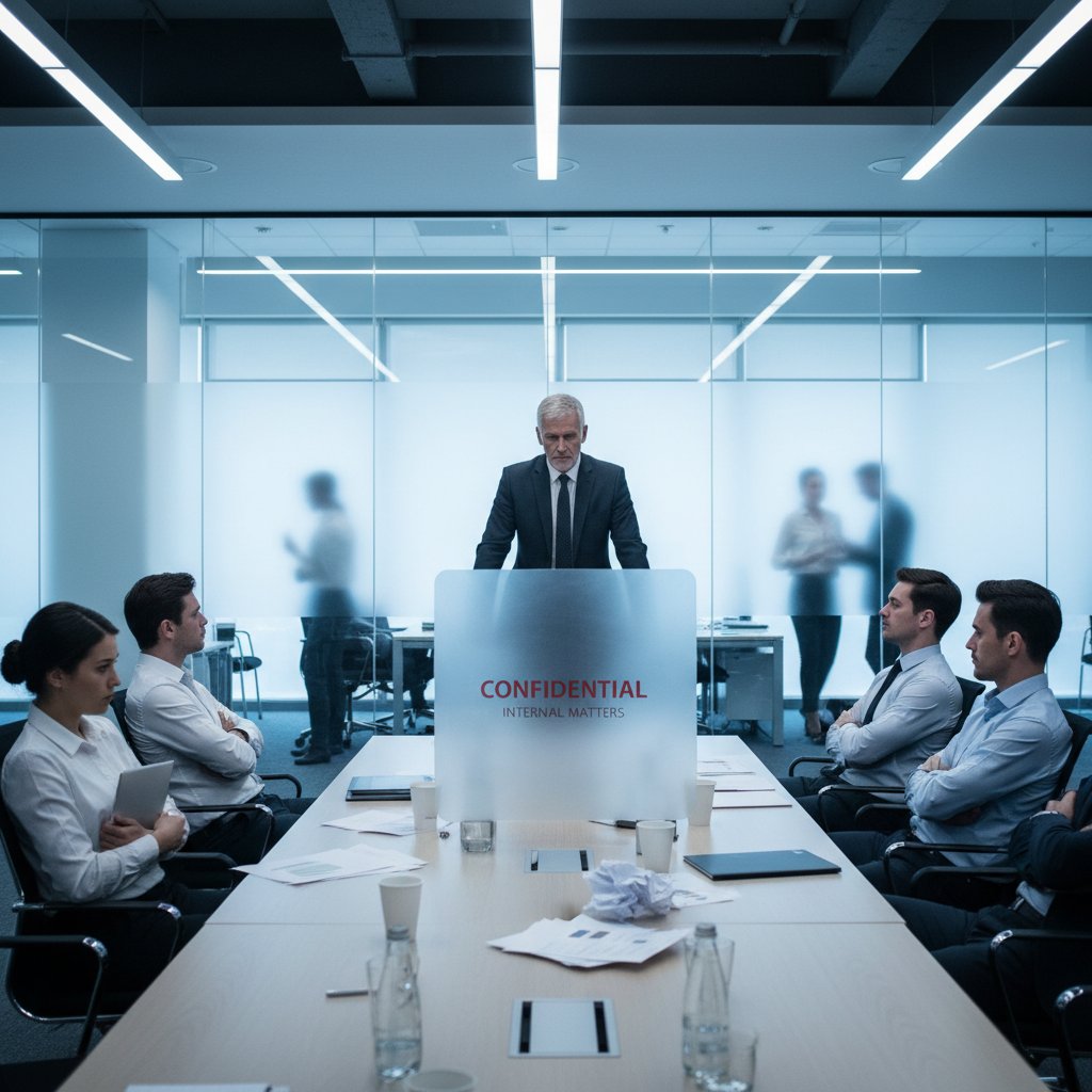 Zdjęcie z narady zespołu, gdzie dominuje hierarchia i brak zaufania