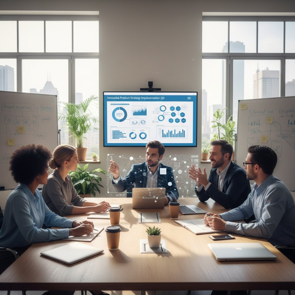 Spotkanie zespołu podczas wdrażania nowatorskiej strategii rozwoju produktu