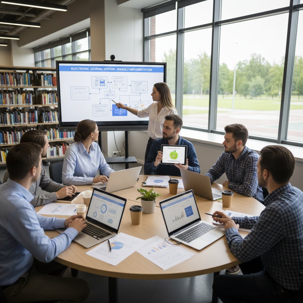 Sala konferencyjna z zespołem IT planującym sprint oraz nauczyciel przy biurku z dziennikiem elektronicznym