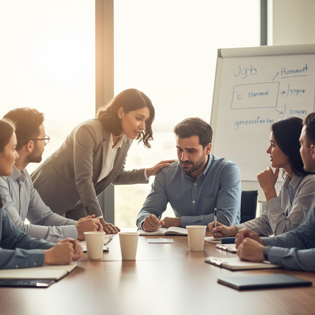 Zespół podczas spotkania, lider wspierający emocjonalnie członków zespołu