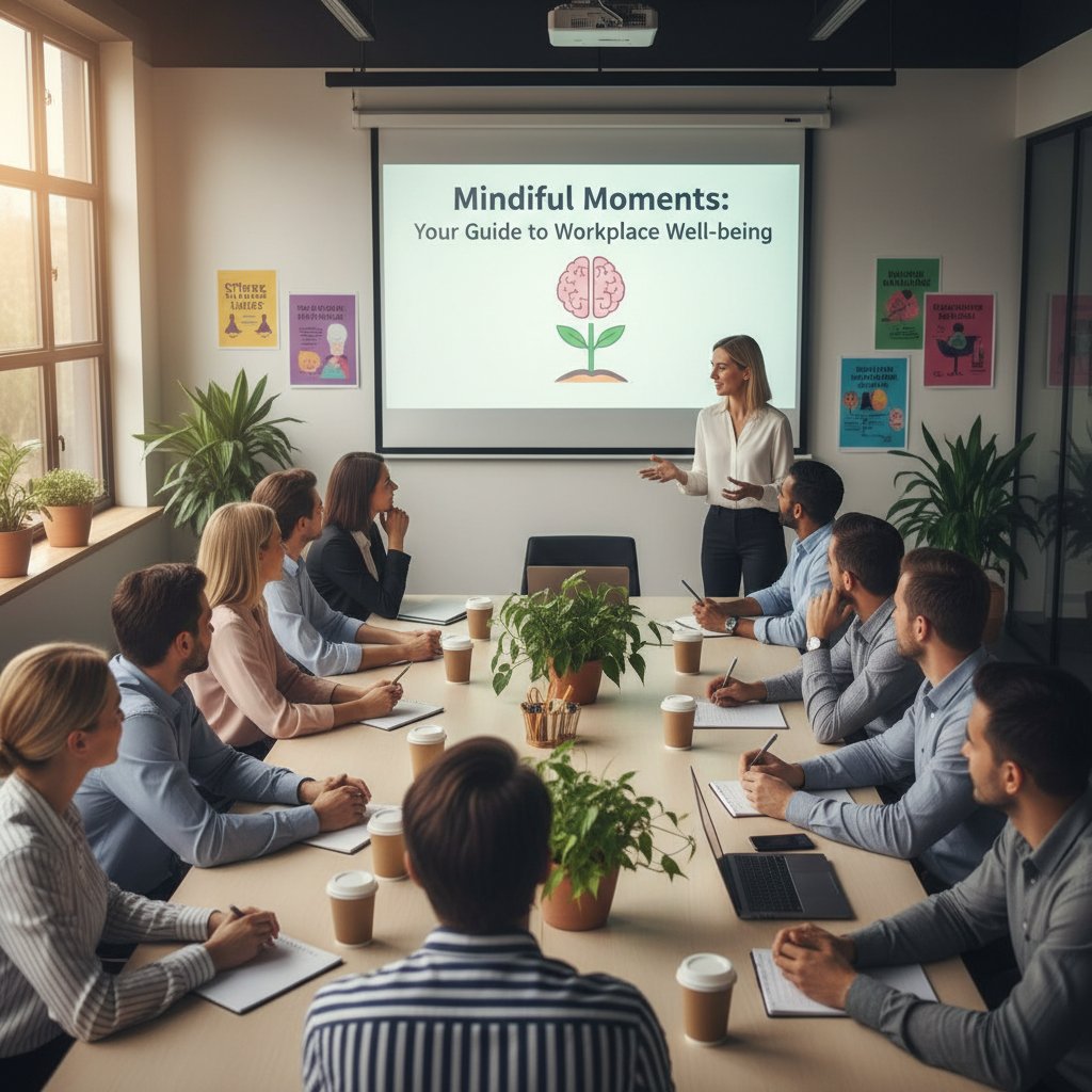 Spotkanie zespołu w biurze, prezentacja na temat zdrowia psychicznego, zaangażowanie pracowników