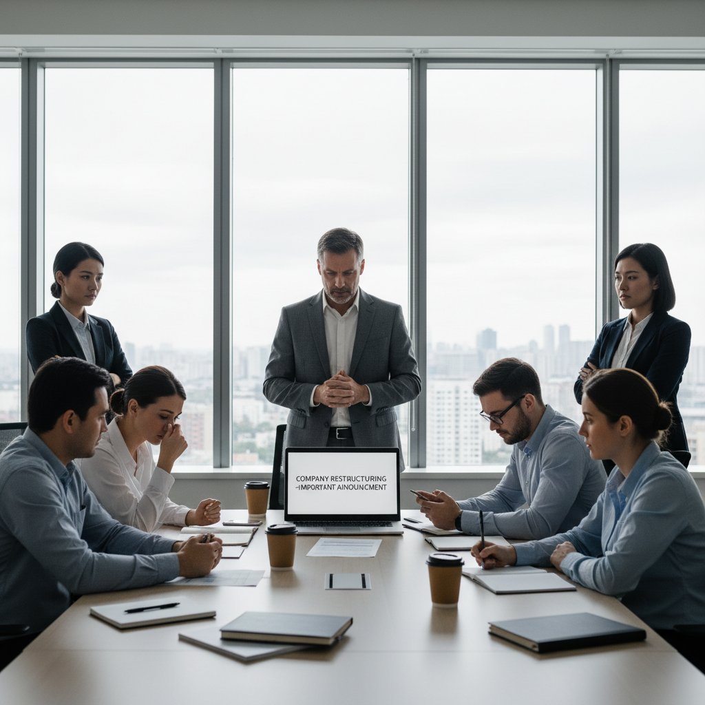 Zespół o zróżnicowanych emocjach w sali spotkań po ogłoszeniu cięć