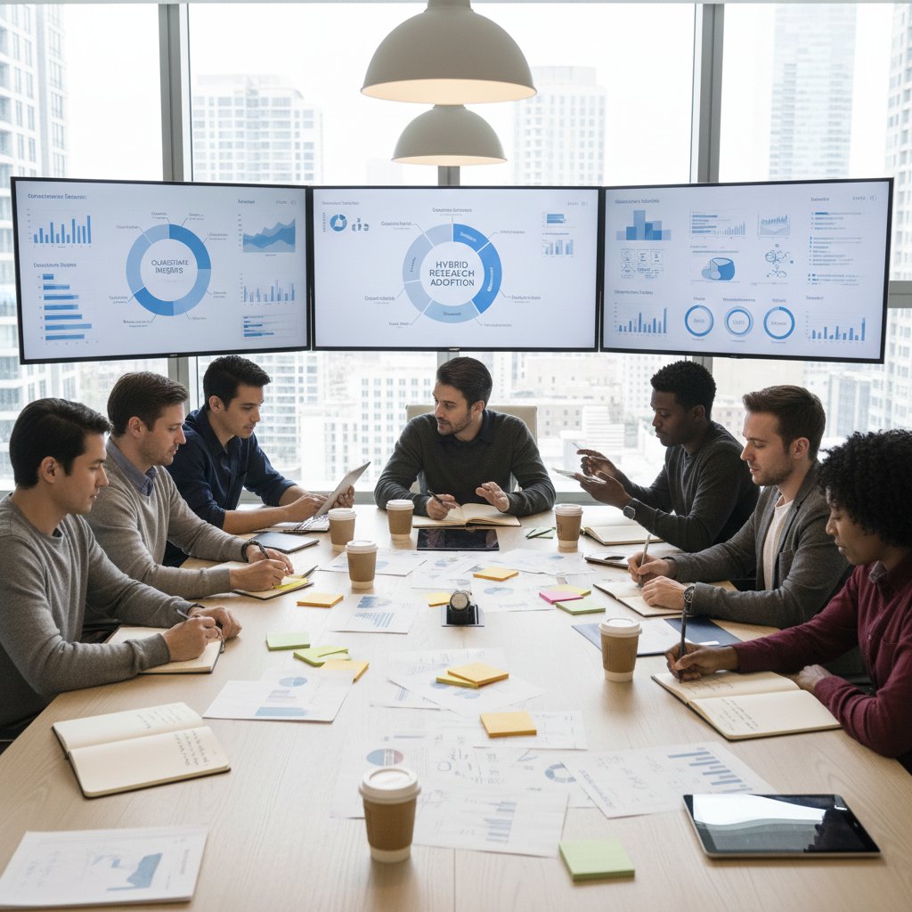 Team meeting with both paper notes and digital dashboards, showing hybrid research adoption in progress