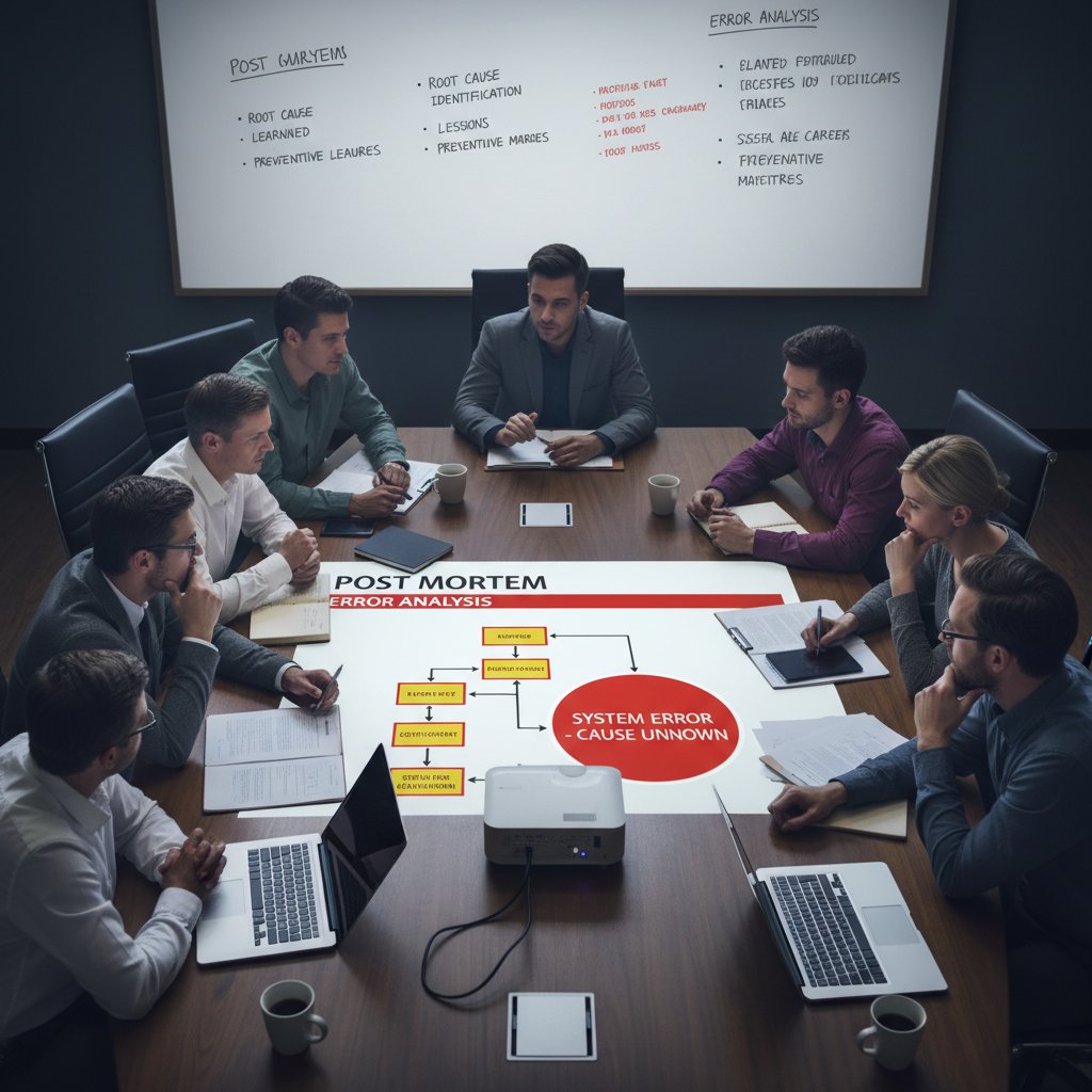 Spotkanie zespołowe po awarii, analiza błędów przy tablicy, atmosfera konstruktywnej krytyki
