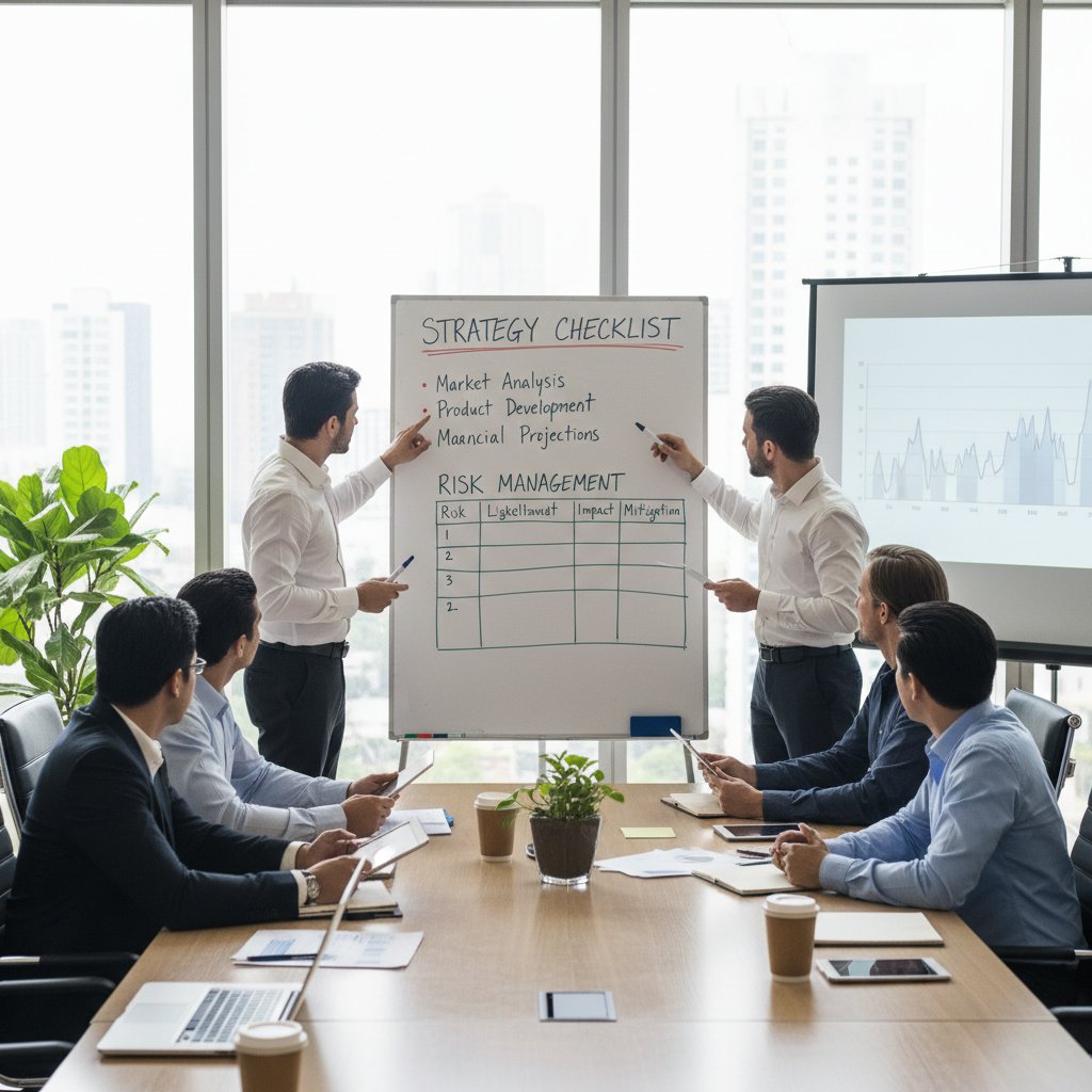 Duży stół w sali konferencyjnej, zespół omawia checklistę wdrożenia strategii ryzyka