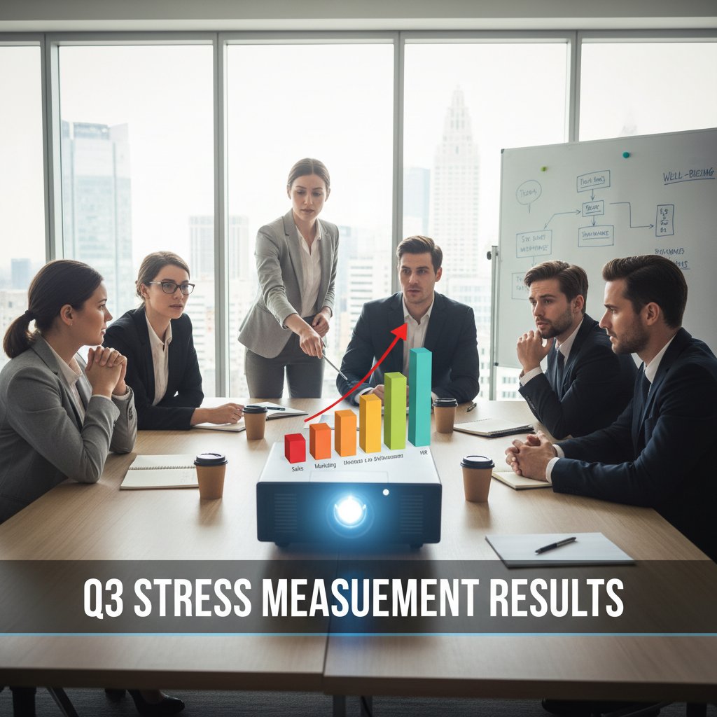 Zespół pracowników w sali konferencyjnej analizujących wyniki pomiaru stresu