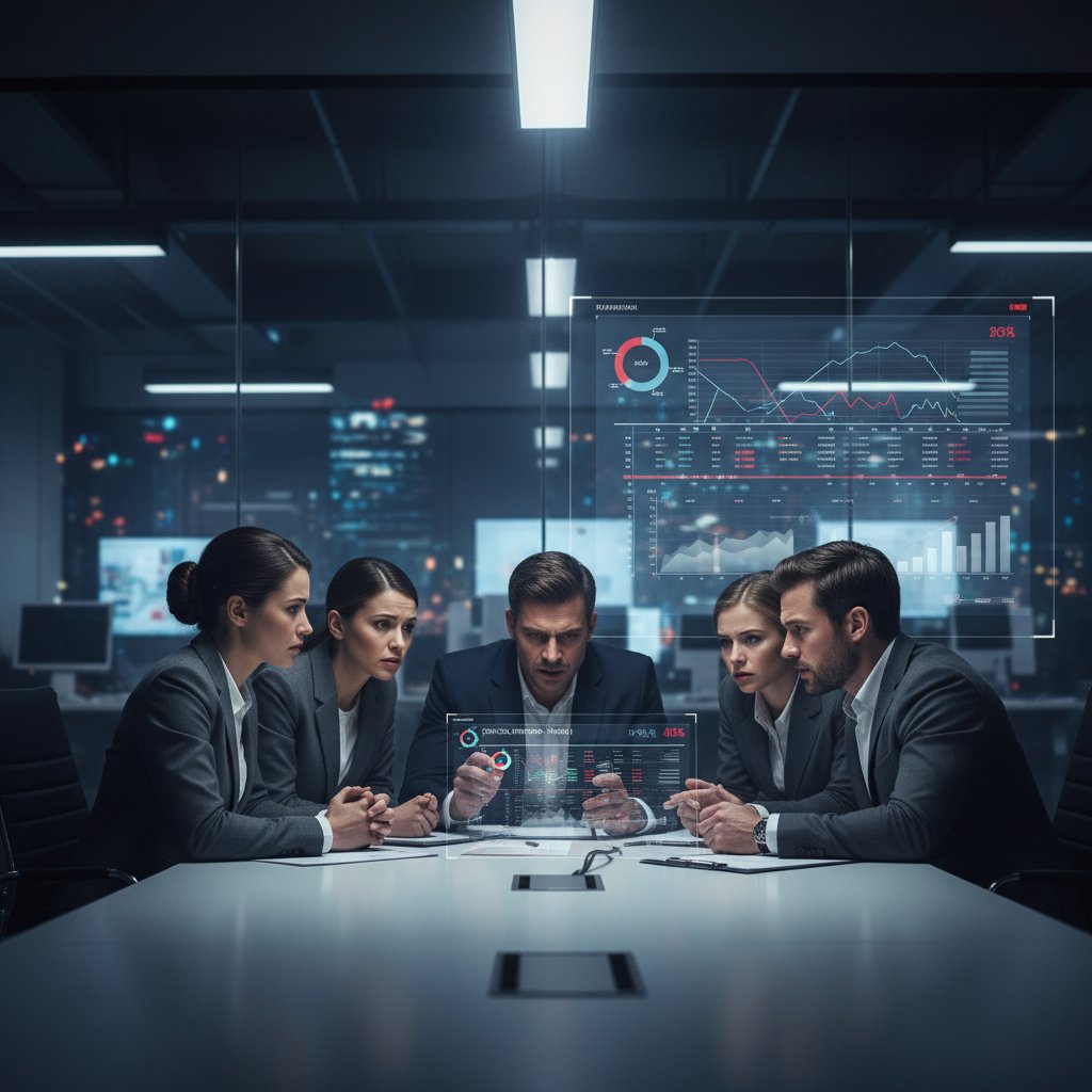 Tense team meeting in a glass-walled boardroom, documentary style, suspenseful mood, project management crisis