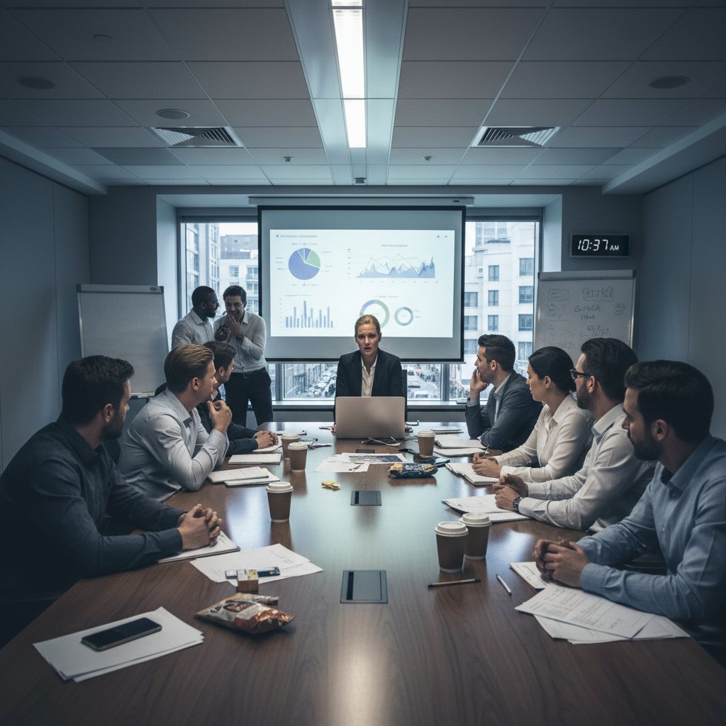 Zespół ludzi przy stole, jedni skupieni, inni wyraźnie rozproszeni; atmosfera napięcia